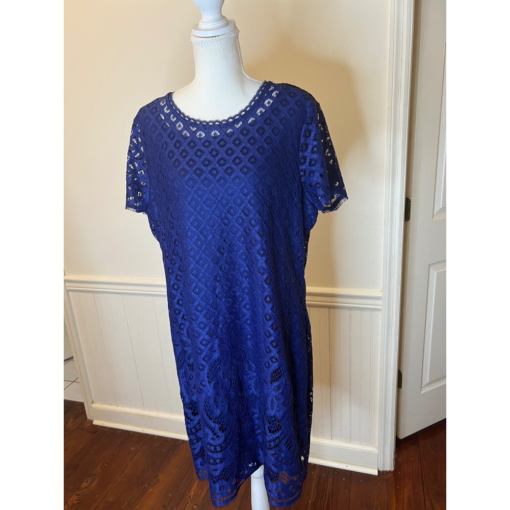 Isaac Mizrahi Live QVC Royal Blue Floral Lace Short Sleeve Shift Dress Size L
